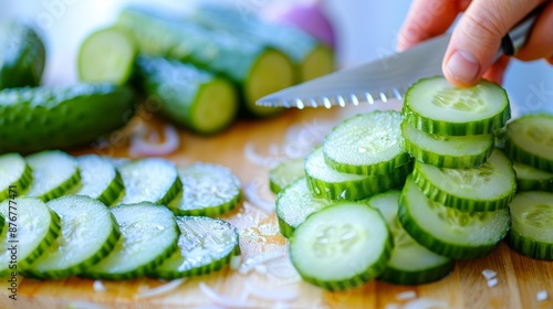 Woman s hands slicing cucumbers and onions on kitchen cutting board for fresh salad preparation photo