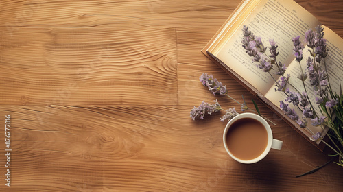 clean gradient light cafeteria wood table background orned by few dendrobium and lavender branches with a cup of coffee and a book, upper view  photo