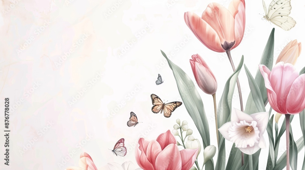 Naklejka premium A spring garden bursting with tulips, daffodils, and butterflies, vibrant colors and soft details in watercolor