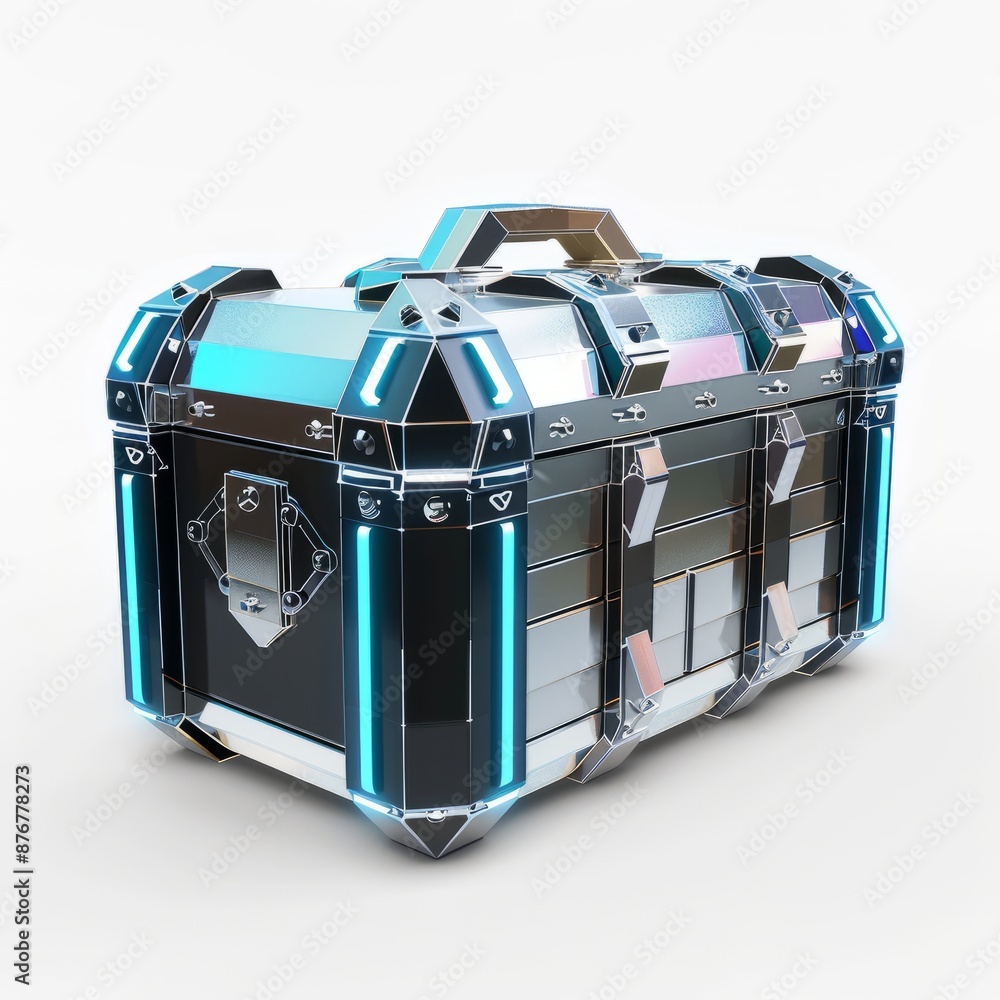 3D Render, Low Poly style of a futuristic chest with sleek metallic surfaces and glowing panels, on isolated white background, Generative AI 3D Render, Low Poly style of a futuristic chest with sleek metallic surfaces and glowing panels, on isolated white background, Generative AI