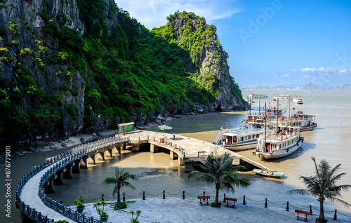 Photos Tourist boats are moored on the wharf to take tourists to visit Thien Cung cave in Ha Long Bay, Quang Ninh province, Vietnam