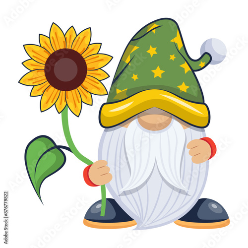 A flat icon showing lawn gnome holding sunflower  

