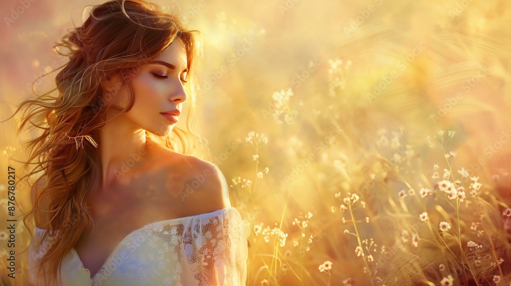 Portrait of a beautiful girl in a white dress in the middle of a meadow with a beautiful panorama Portrait of a beautiful girl in a white dress in the middle of a meadow with a beautiful panorama