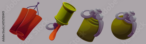 Dynamite and bomb, Vector icon set of explosive dynamite dan hand grenade, game resource