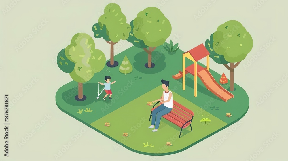 Father watching son play in park with slide and trees. Father watching son play in park with slide and trees.