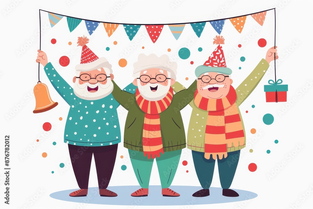 Naklejka premium Three happy senior citizens celebrate with a party banner and festive decorations.