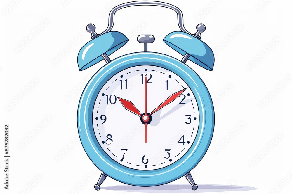 A classic blue alarm clock with red hands on a white background. A classic blue alarm clock with red hands on a white background.