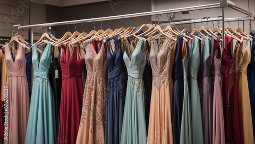 Wallpaper Mural The image shows a clothing rack with many long, flowing dresses in various colors hanging on wooden hangers.

 Torontodigital.ca