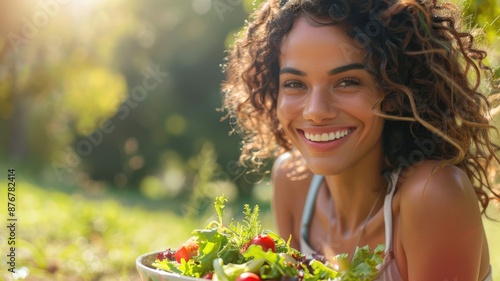 A blissful woman relishes a fresh salad bowl in the sunshine at the park, embodying a life of balance and wellbeing AIG58 photo