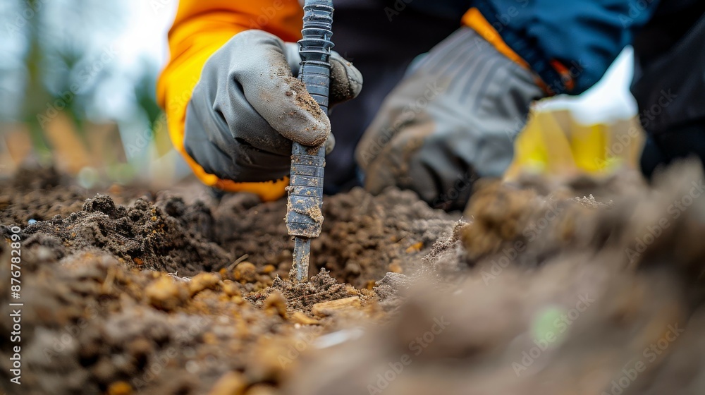 custom made wallpaper toronto digitalClose-up view of a worker using a specialized soil testing tool on a construction site.