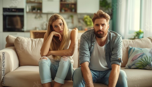 A couple sits on a couch with serious and thoughtful expressions, suggesting a moment of introspection or conversation about an important topic in a cozy home setting.