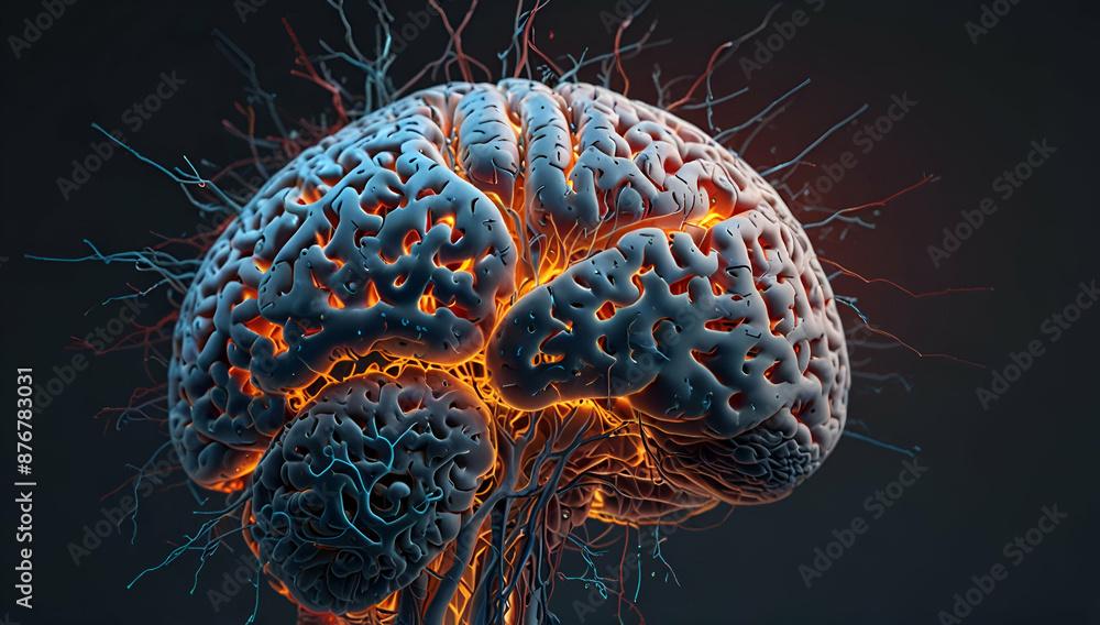 3D rendered human brain with detailed neural connections. Concept ...