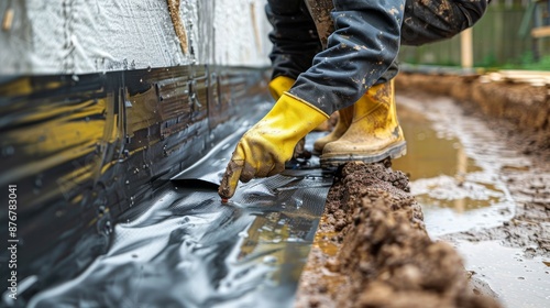 Close-up view of a worker using a specialized tool to apply a protective membrane at a construction site.
