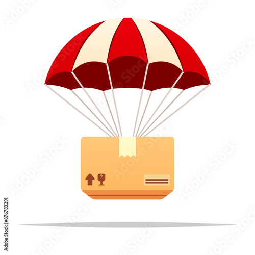 Parcel box delivery package with parachute vector isolated illustration