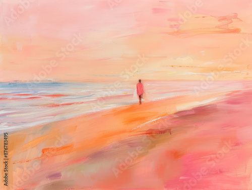 Solitary Figure Walks Tranquil Peach Beach