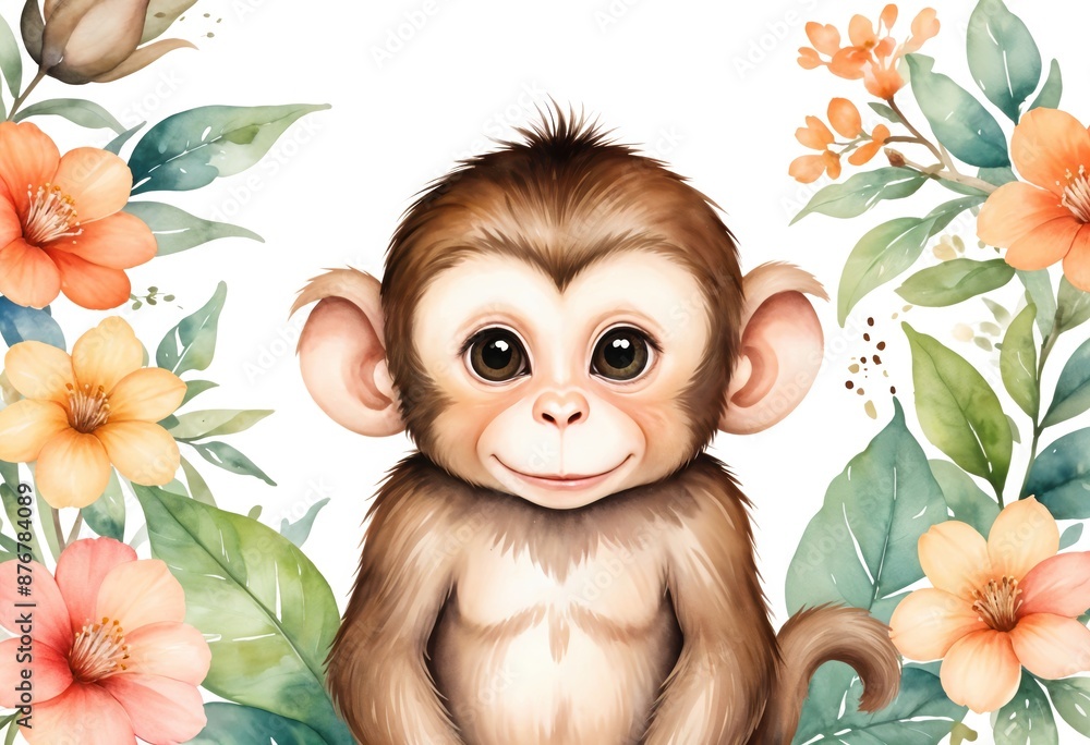 Obraz premium Adorable monkey surrounded by flowers. Digital watercolor illustration. Cute animal and nature concept for greeting cards and prints. Baby Animal, nursery art style,
