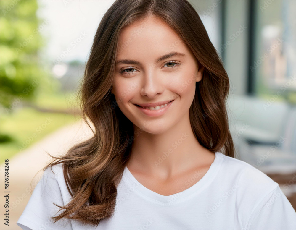 cheerful cute woman posing in white t-shirt and smiling looking in the camera cheerful cute woman posing in white t-shirt and smiling looking in the camera
