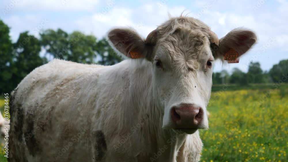Portrait of white cow looking into camera Portrait of white cow looking into camera