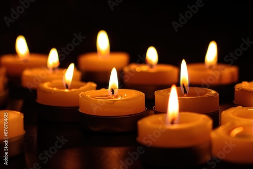 Candle lights with burning flames of fire, glowing candle lights, flaming campfire or fireplace burn. Black background