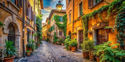 Narrow cobblestone street in Trastevere, Rome, lined with ancient buildings, charming lanterns, and lush greenery, exuding a warm and intimate ambiance under a sunny Italian sky. photo