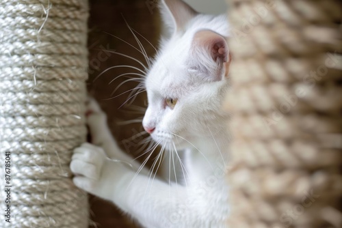 Close up fluffy white cat scratching the sisal rope on a cat tree photo