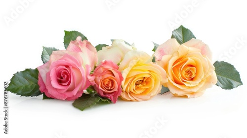 Front view of pink and yellow roses with green leaves on a white background for nature themed decor with copy space