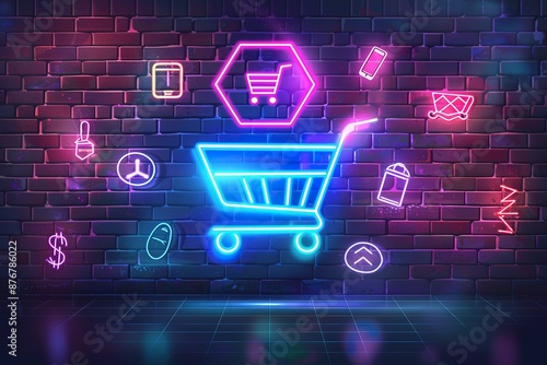 neon lights label with cart shopping illustration design