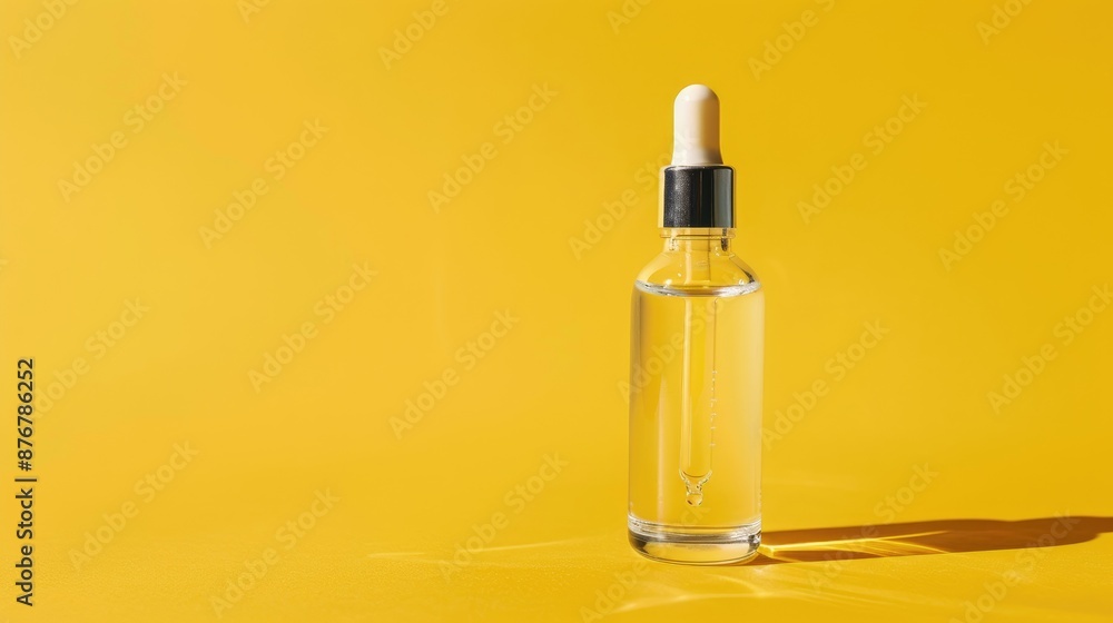 Glass bottle with dropper for skin care on yellow background under natural light Glass bottle with dropper for skin care on yellow background under natural light