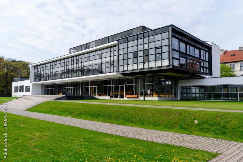 Bauhaus building facade with functional design, flat roof, and large glass surfaces, Generative AI Bauhaus building facade with functional design, flat roof, and large glass surfaces, Generative AI