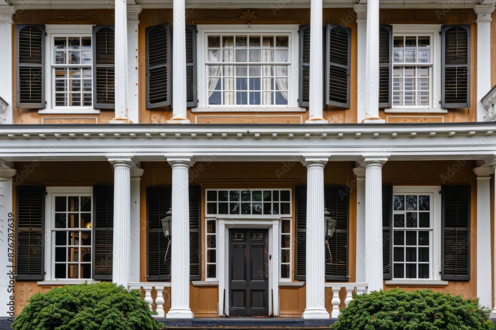 Colonial building facade with symmetrical design, white columns, and shuttered windows, Generative AI Colonial building facade with symmetrical design, white columns, and shuttered windows, Generative AI