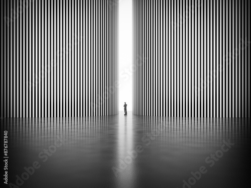 A man stands in thought in a huge futuristic hall.