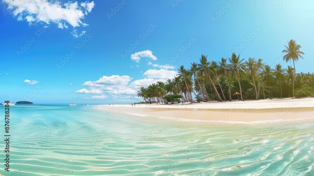 Naklejka premium A beautiful tropical beach with palm trees and a clear blue sky, adds to its picturesque charm. This tranquil coastal setting evokes images of summer