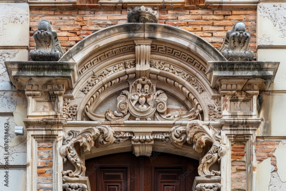 Obraz premium Historical building facade with ornate carvings, stone details, and weathered bricks, Generative AI