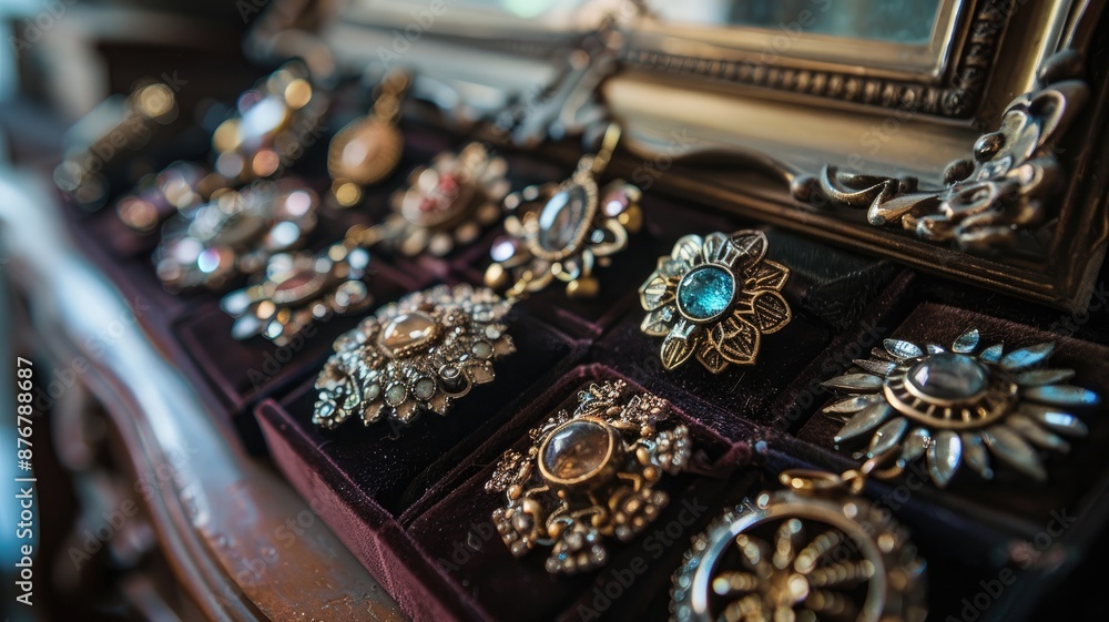 Elegant antique brooches and pendants displayed on velvet tray Elegant antique brooches and pendants displayed on velvet tray
