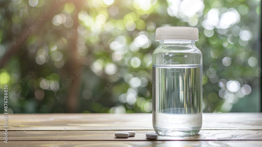 Transparent bottle with water and two tablets on wooden surface outdoors Transparent bottle with water and two tablets on wooden surface outdoors
