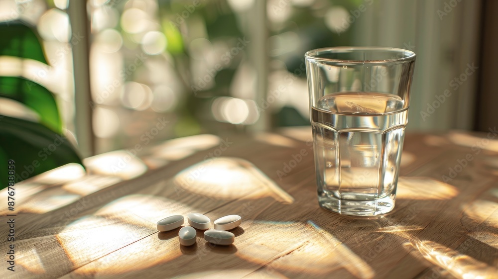 Glass of water and white pills on wooden table in natural sunlight Glass of water and white pills on wooden table in natural sunlight