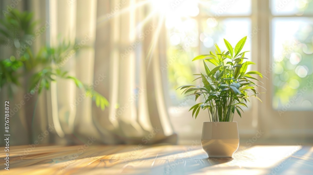 Sunlit potted plant on wooden table near window, with sheer curtains Sunlit potted plant on wooden table near window, with sheer curtains