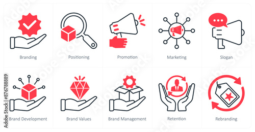 A set of 10 Branding icons as branding, positioning, promotion
