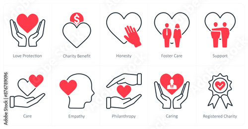 A set of 10 Charity and Donation icons as love protection, charity benefit, honesty