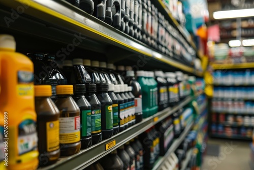 Close-up view of auto parts store shelves stocked with a variety of bottles and products © Ilia Nesolenyi