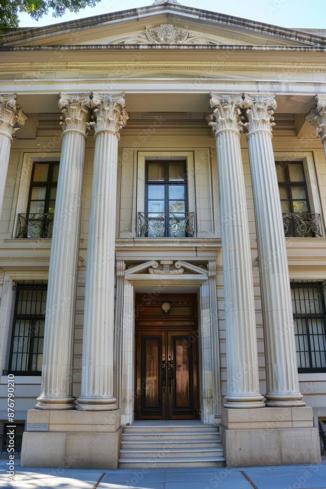 Neo-Classical building facade with tall columns, pediments, and symmetrical proportions, Generative AI Neo-Classical building facade with tall columns, pediments, and symmetrical proportions, Generative AI