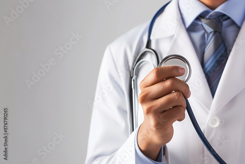 Close-up photo of doctor holding stethoscope against white background, studio stock photography shot  © samsusam