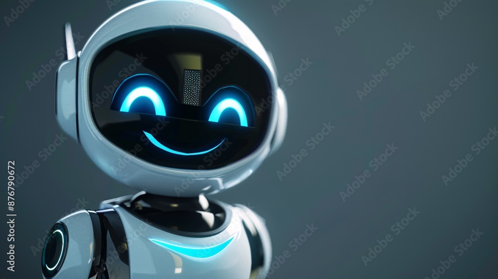A 3D rendering of a joyful android character with cyan highlights and a grinning expression symbolizing innovation and amiable artificial intelligence. A 3D rendering of a joyful android character with cyan highlights and a grinning expression symbolizing innovation and amiable artificial intelligence.