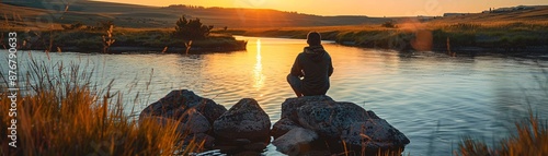 A lone figure sits on a rock overlooking a calm river at sunset, the golden light reflecting off the water photo