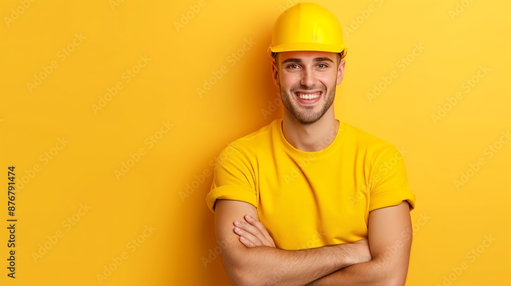 A man in a yellow shirt is smiling and posing for a picture. He is wearing a hard hat, which suggests that he may be a construction worker or a worker in a hazardous environment A man in a yellow shirt is smiling and posing for a picture. He is wearing a hard hat, which suggests that he may be a construction worker or a worker in a hazardous environment