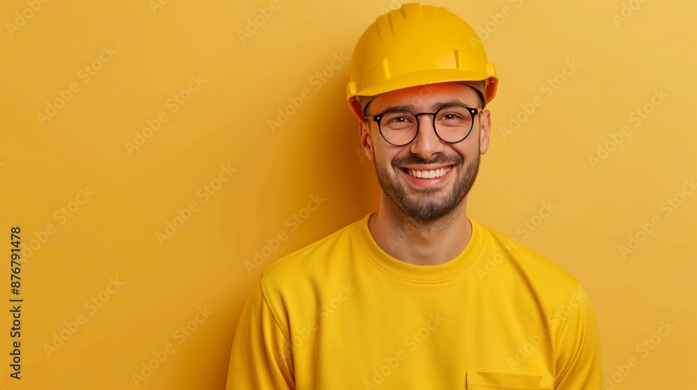A man wearing a yellow shirt and a yellow hard hat is smiling. He is wearing glasses and has a friendly expression A man wearing a yellow shirt and a yellow hard hat is smiling. He is wearing glasses and has a friendly expression