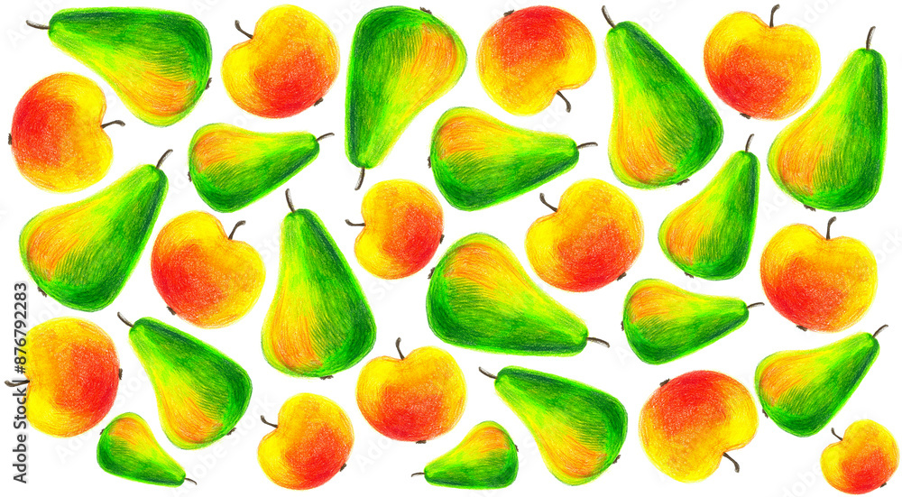 A set of pears and apples of different sizes. Drawing with colored ...