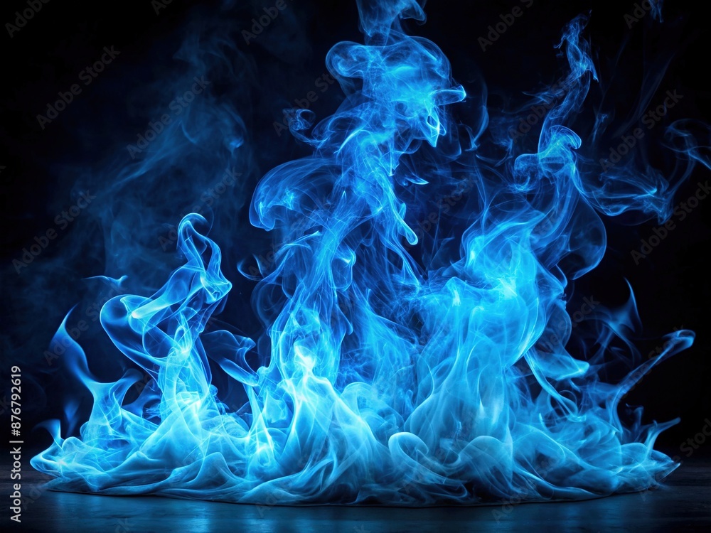 Obraz premium Vibrant blue flames erupt from a dark abyss, dancing across a velvety black backdrop, casting an eerie glow, with wisps of smoke curling upwards.
