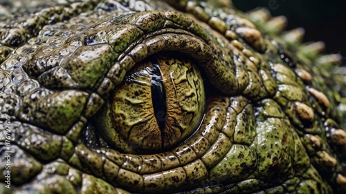 A close-up of the crocodile's eye, reptilian gaze and the texture of its eyelids and scales around the eye