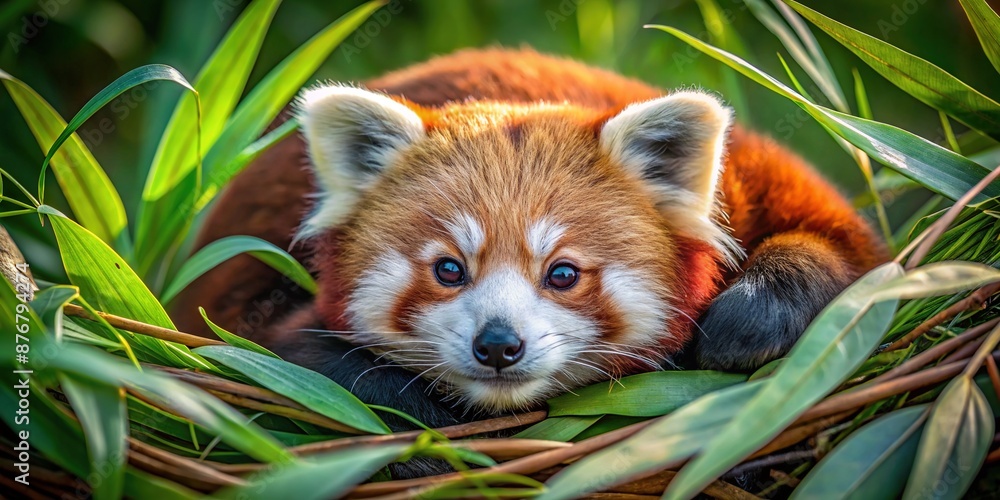 Adorable red panda curls up in a ball, surrounded by lush green bamboo, its soft fur and big round eyes conveying innocence and tranquility. Adorable red panda curls up in a ball, surrounded by lush green bamboo, its soft fur and big round eyes conveying innocence and tranquility.